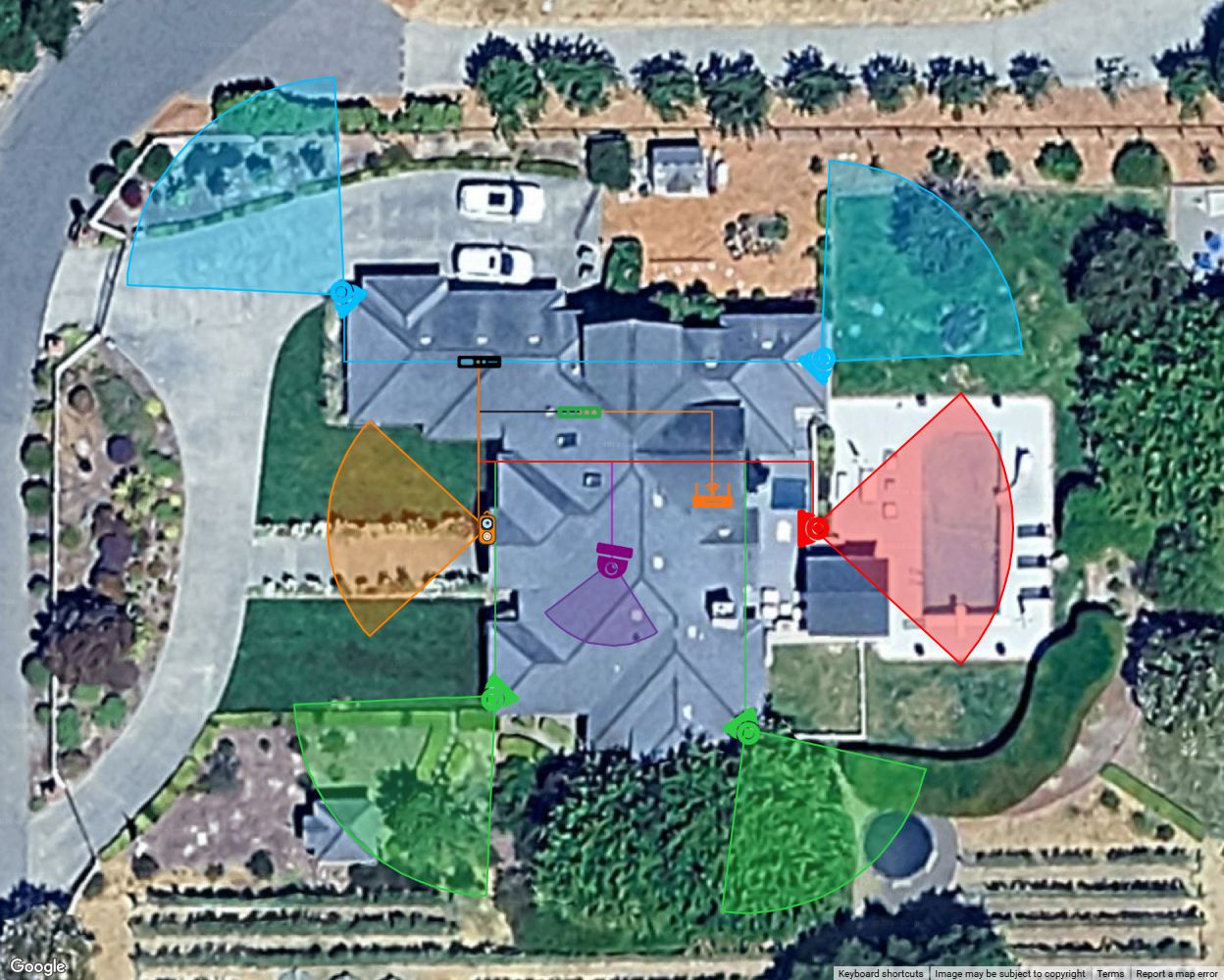 California house layout with five outdoor cameras, an indoor dome, doorbell, PoE NVR, switch and access point, with coverage cones and routed cable connections